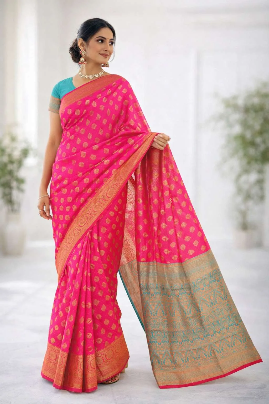 Aqua Blue, Light Blue, Pink Banarasi Silk Banarasi Saree (Regular Sari) view 2