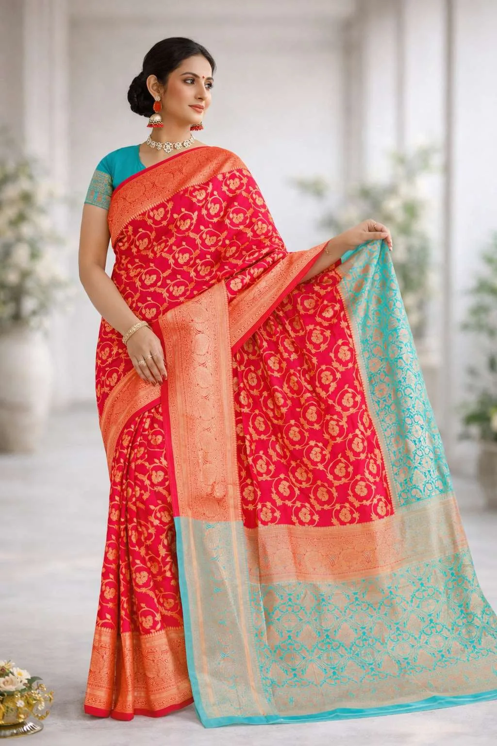 Aqua Blue, Red Banarasi Silk Banarasi Saree - Casual (Regular Sari) (Free Size)