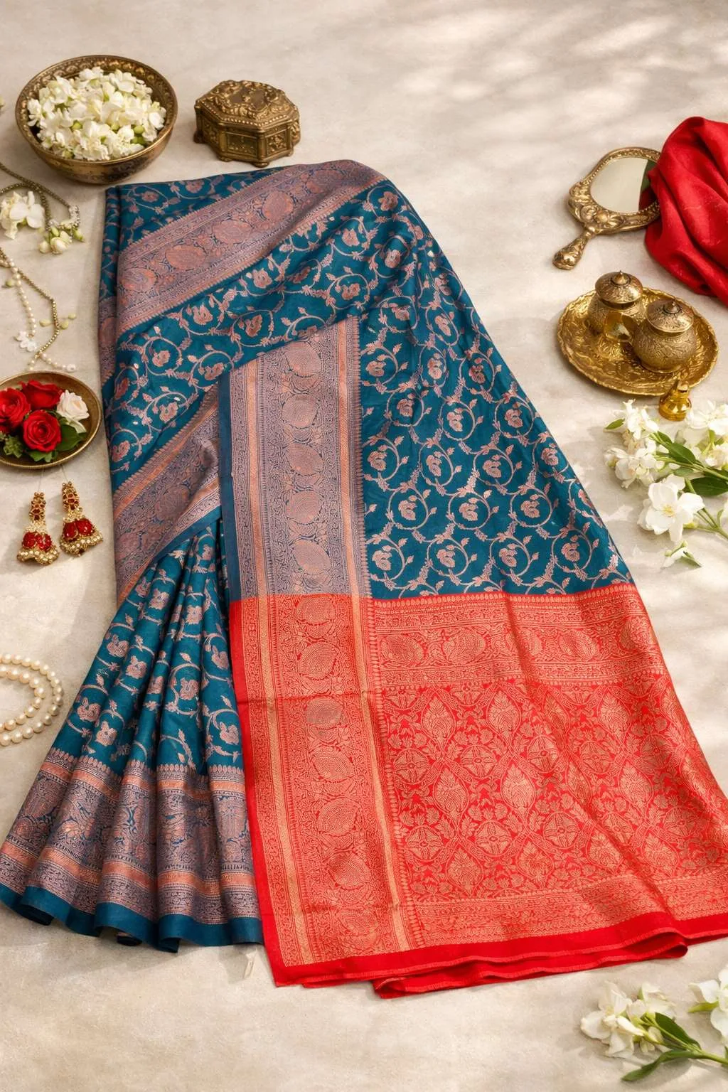 Blue, Red Banarasi Silk Banarasi Saree (Regular Sari) view 4