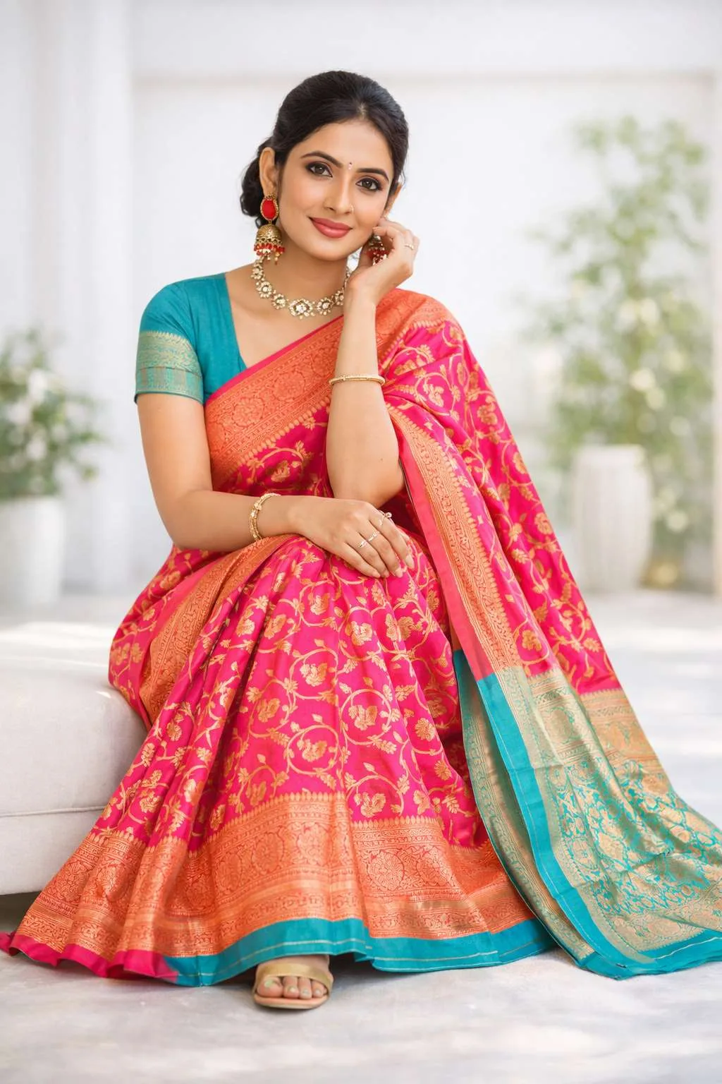 Aqua Blue, Light Blue, Pink Banarasi Silk Banarasi Saree (Regular Sari) view 3