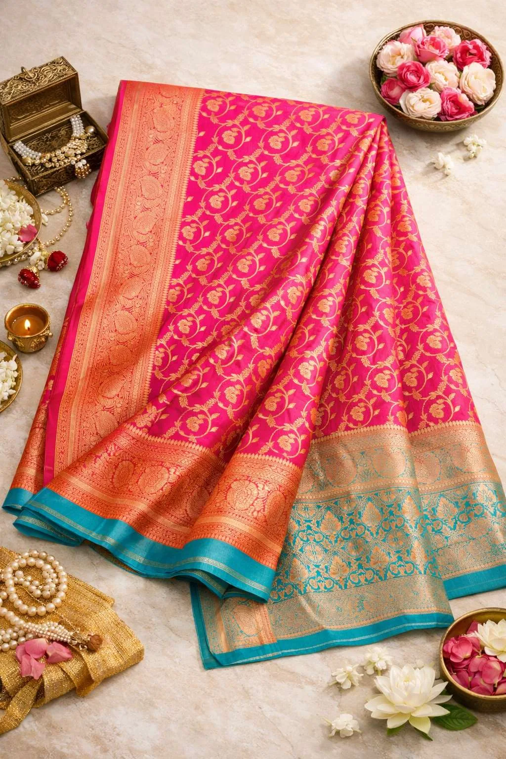 Aqua Blue, Light Blue, Pink Banarasi Silk Banarasi Saree (Regular Sari) view 4