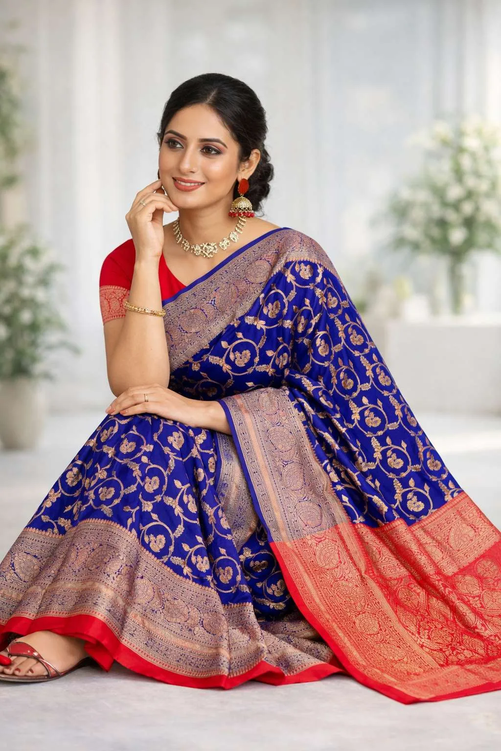 Indigo, Navy Blue, Pink Banarasi Silk Banarasi Saree (Regular Sari) view 3
