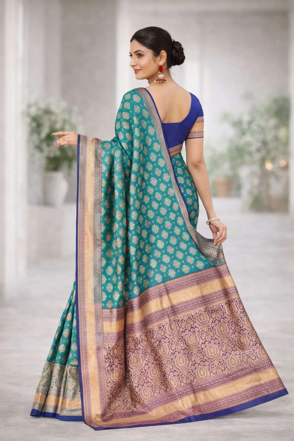 Navy Blue, Turquoise, Rama Banarasi Silk Banarasi Saree (Regular Sari)