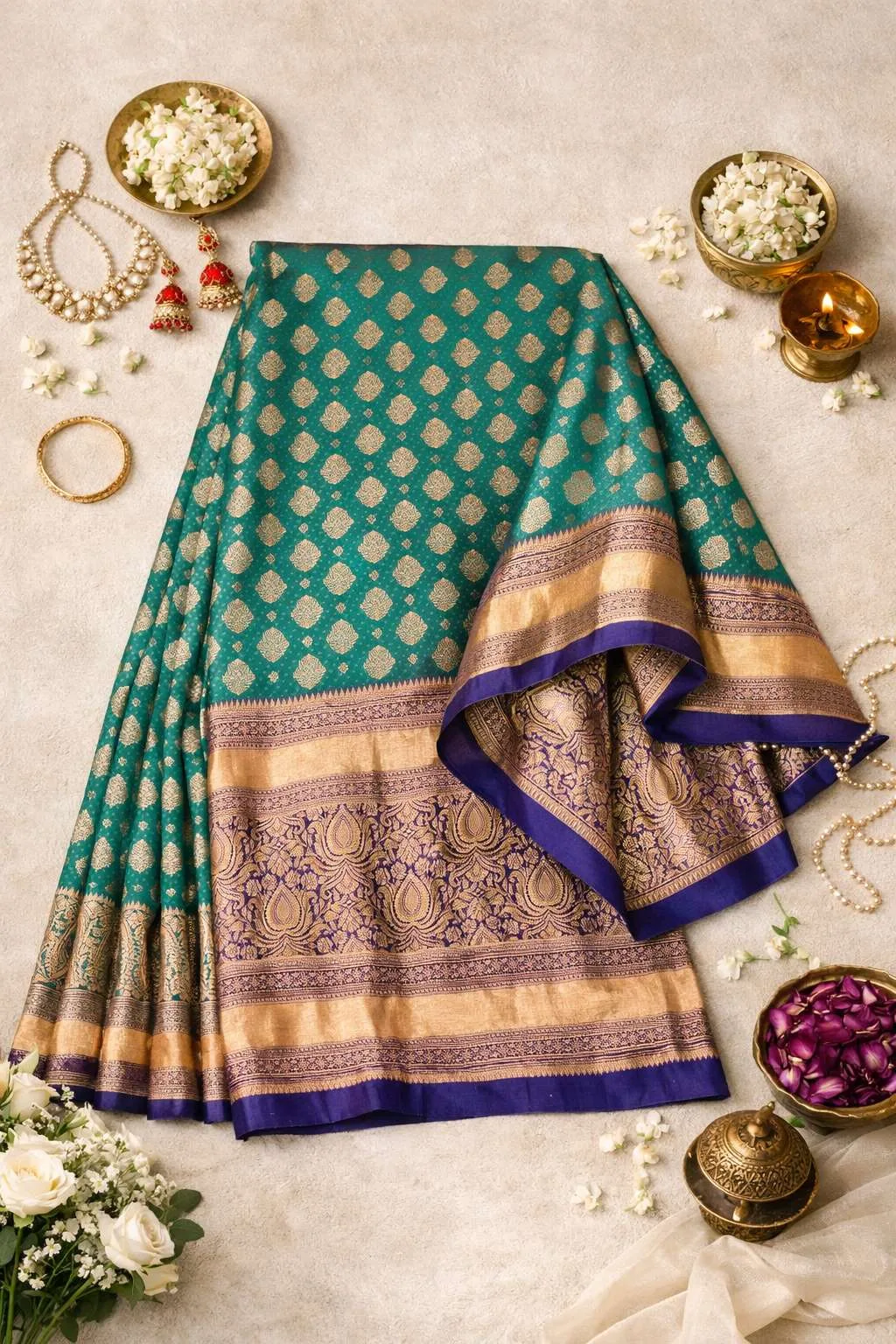 Navy Blue, Turquoise, Rama Banarasi Silk Banarasi Saree (Regular Sari) view 4