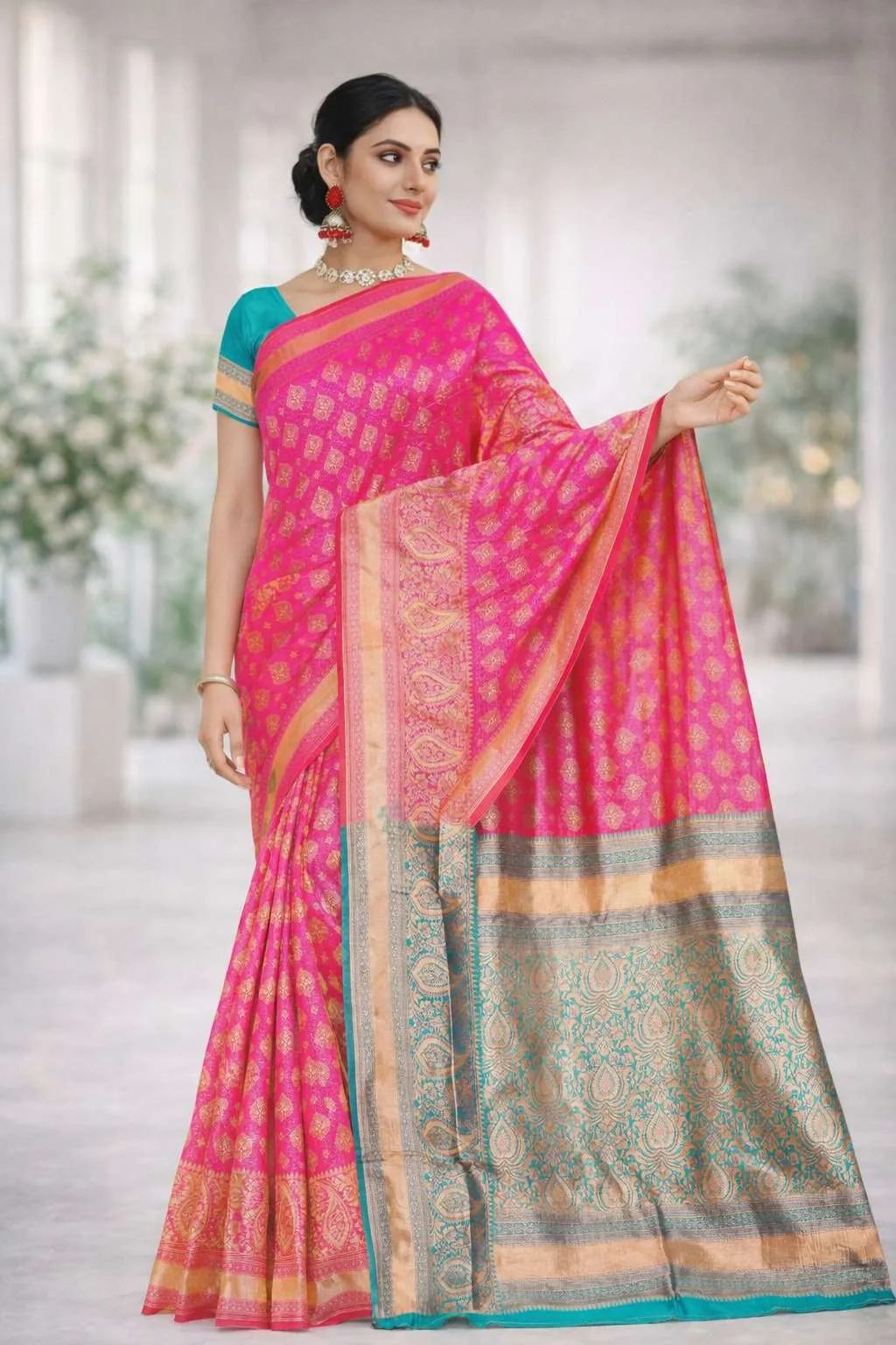 Mint Green, Pink Banarasi Silk Banarasi Saree (Regular Sari)