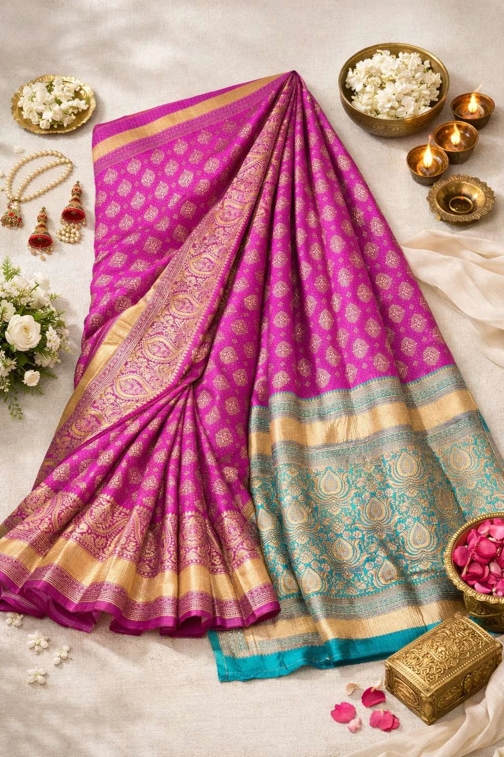 Aqua Blue, Dark Pink Banarasi Silk Banarasi Saree (Regular Sari) view 4