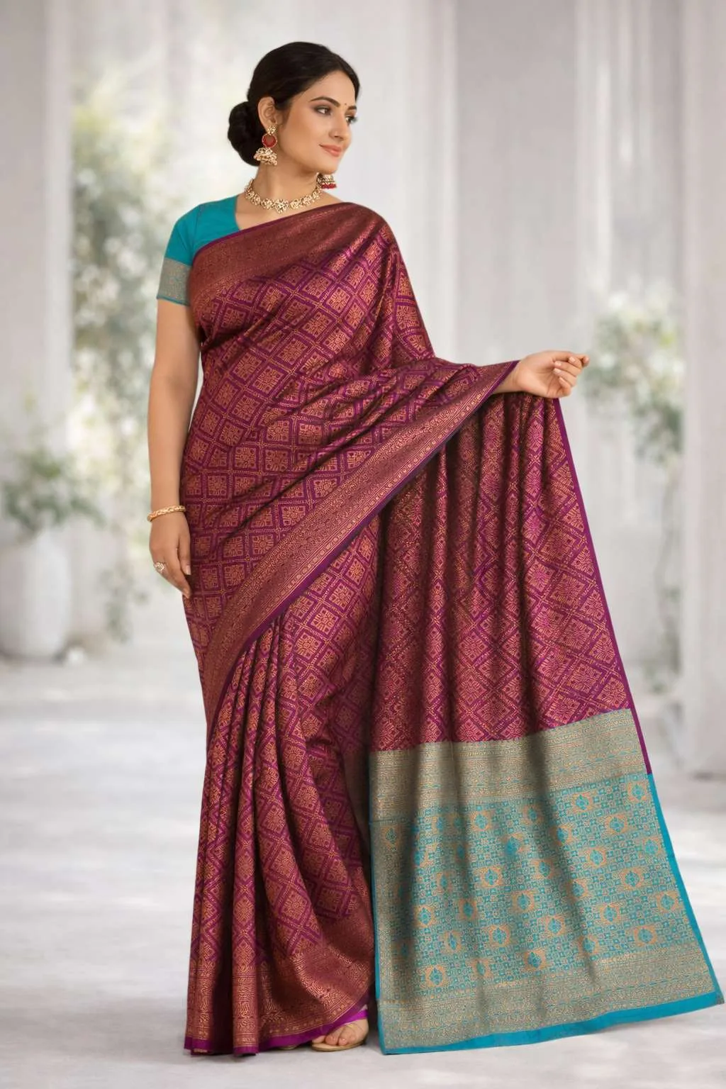 Aqua Blue, Wine Banarasi Silk Banarasi Saree - Casual (Regular Sari) (Free Size)