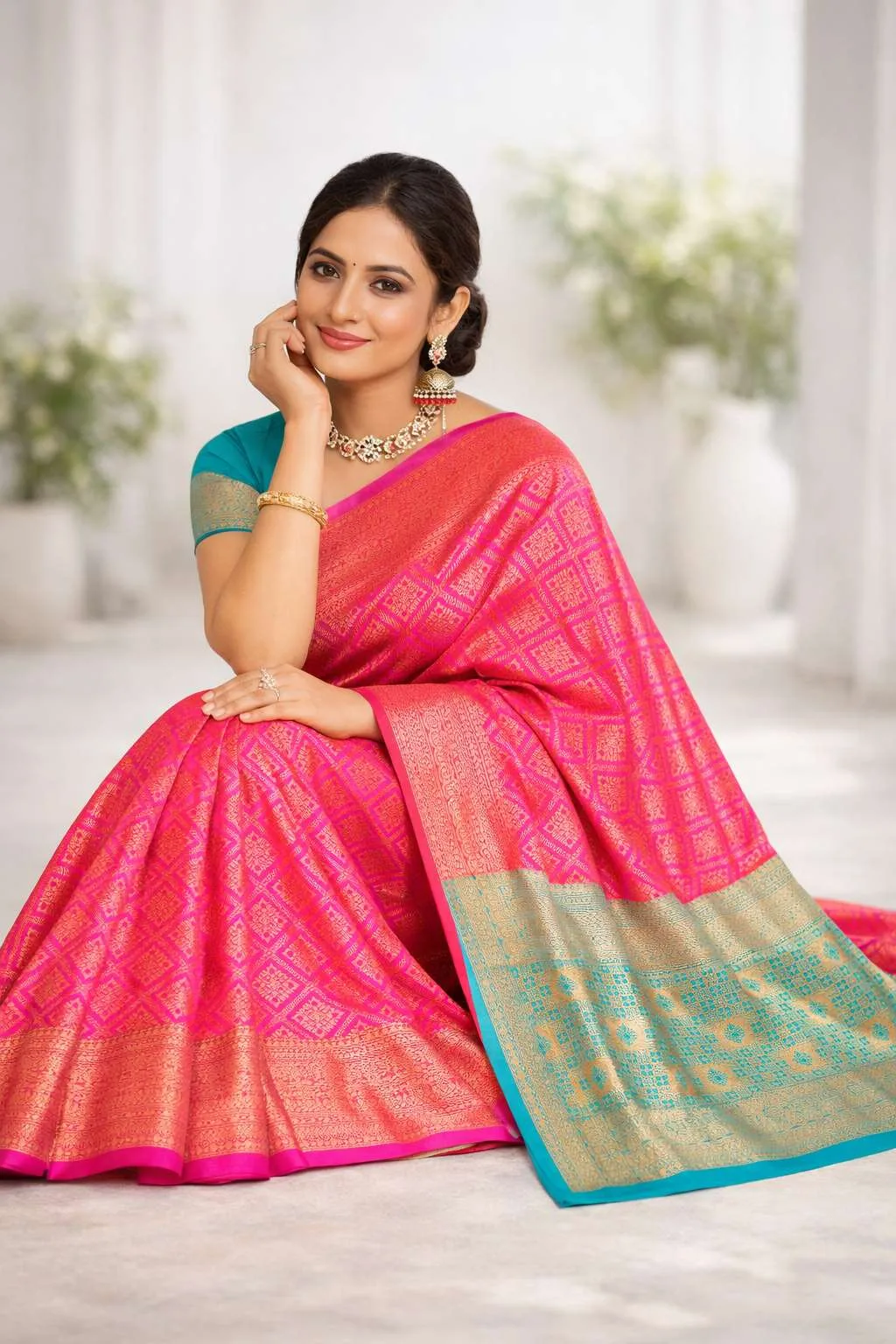 Aqua Blue, Pink Banarasi Silk Banarasi Saree (Regular Sari) view 3