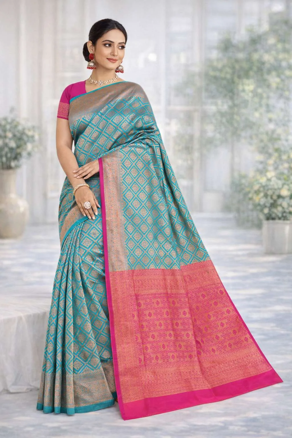 Aqua Blue, Magenta Banarasi Silk Banarasi Saree (Regular Sari) view 2