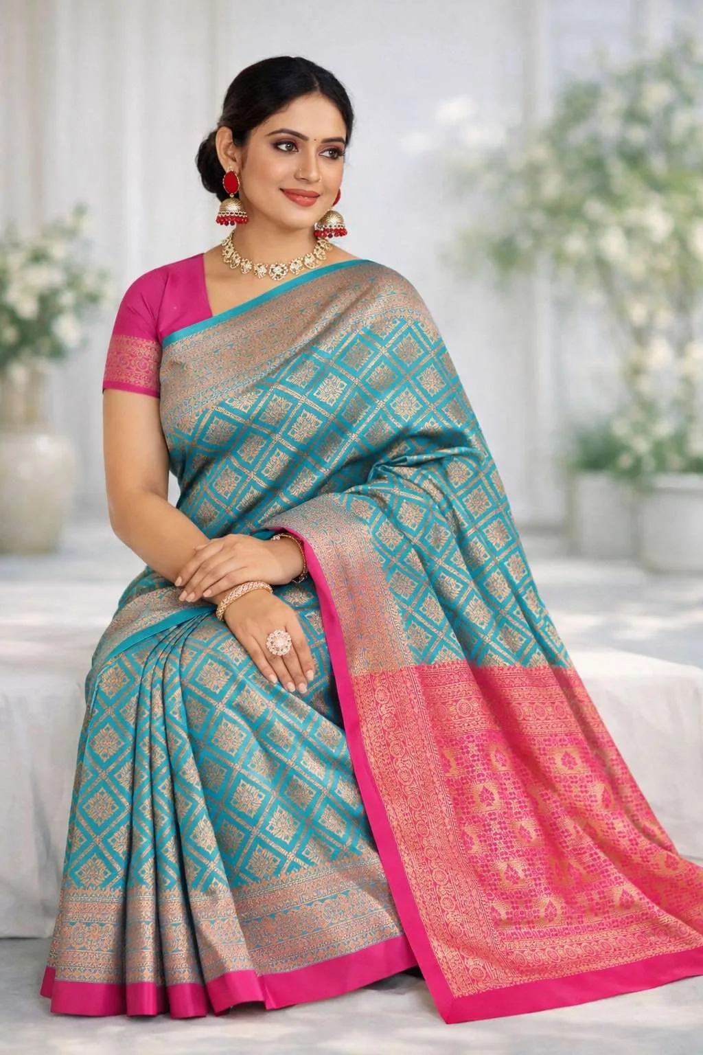 Aqua Blue, Magenta Banarasi Silk Banarasi Saree (Regular Sari) view 3