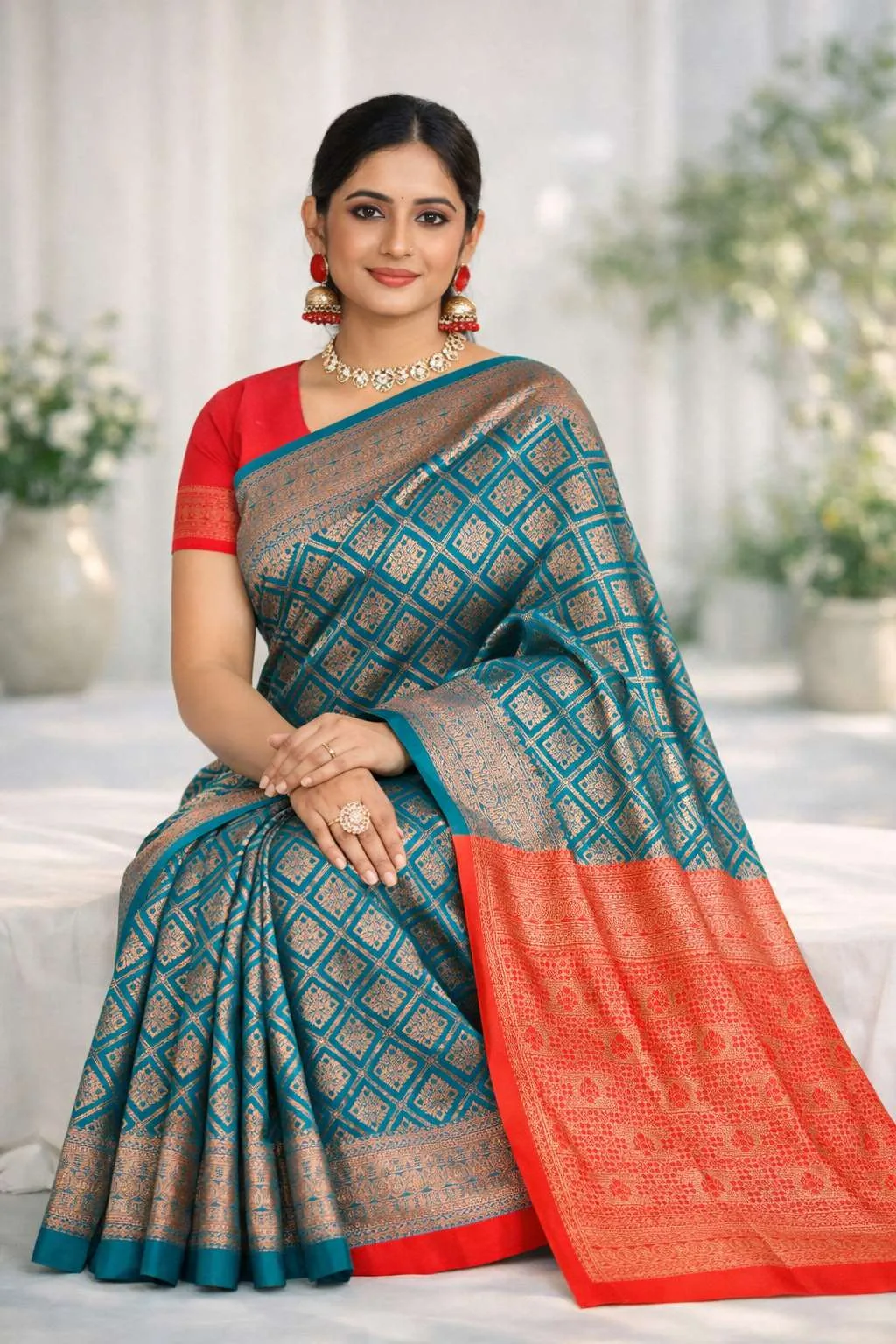 Red, Teal Banarasi Silk Banarasi Saree (Regular Sari) view 3