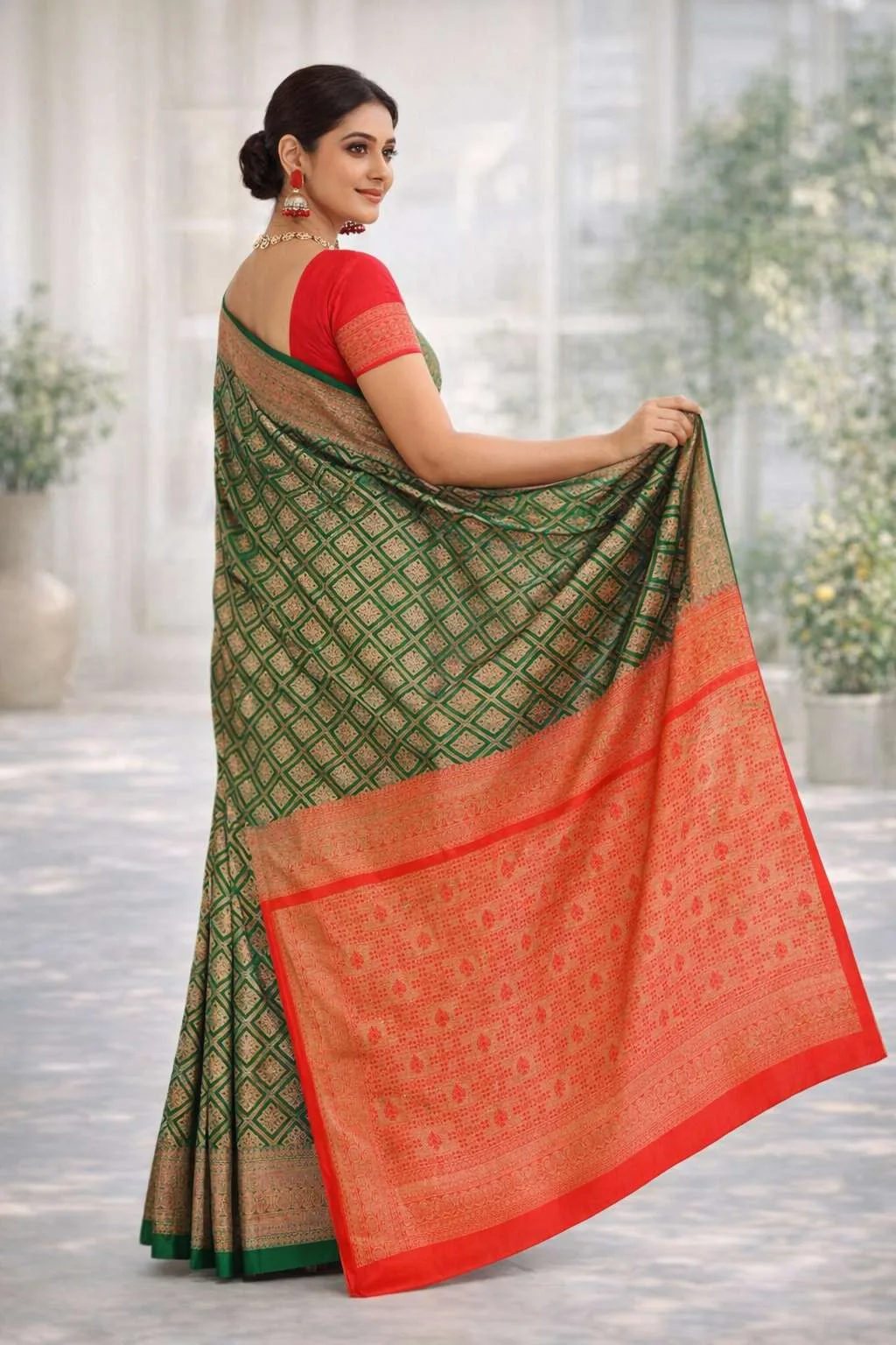 Green, Red Banarasi Silk Banarasi Saree (Regular Sari) view 2