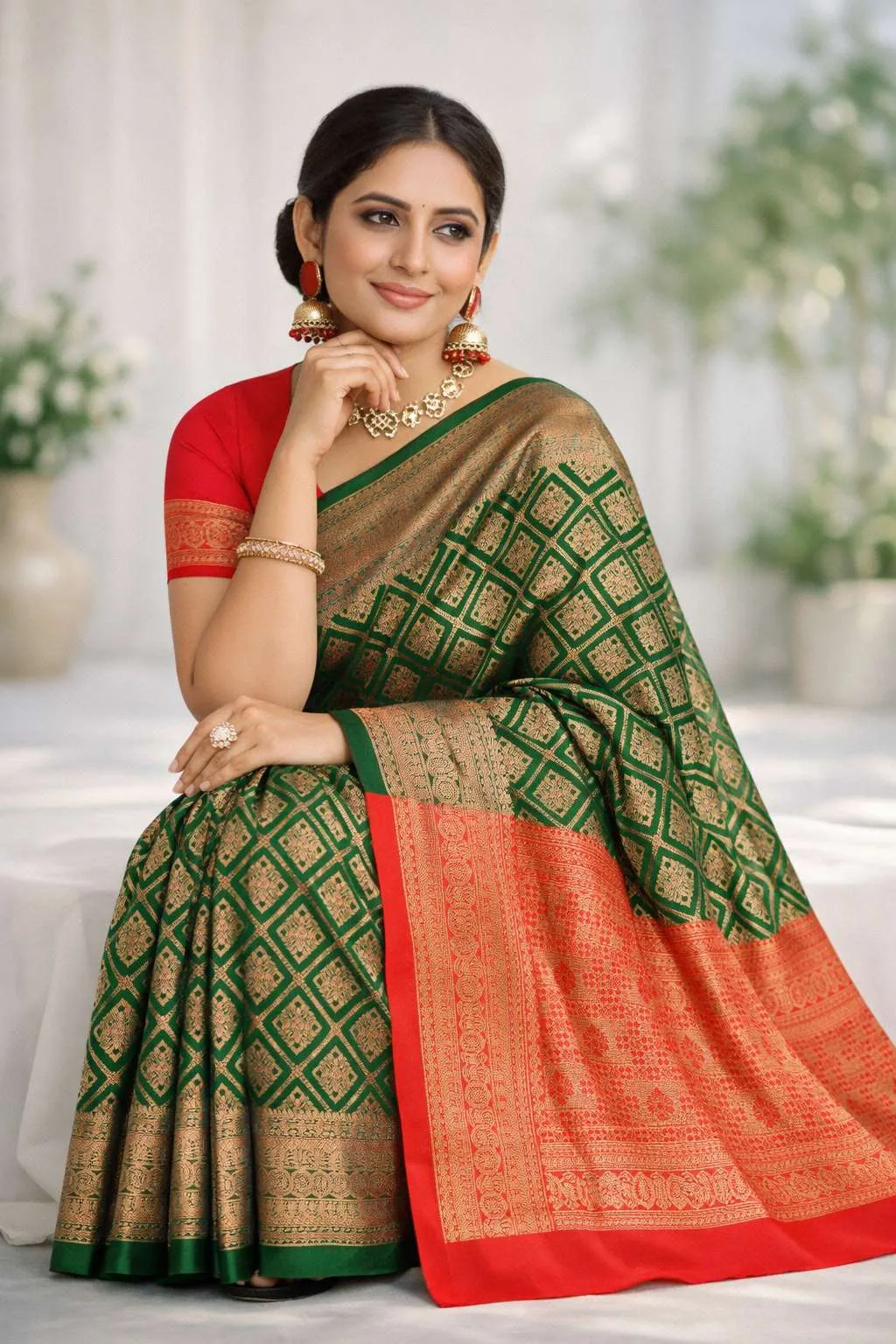 Green, Red Banarasi Silk Banarasi Saree (Regular Sari) view 3
