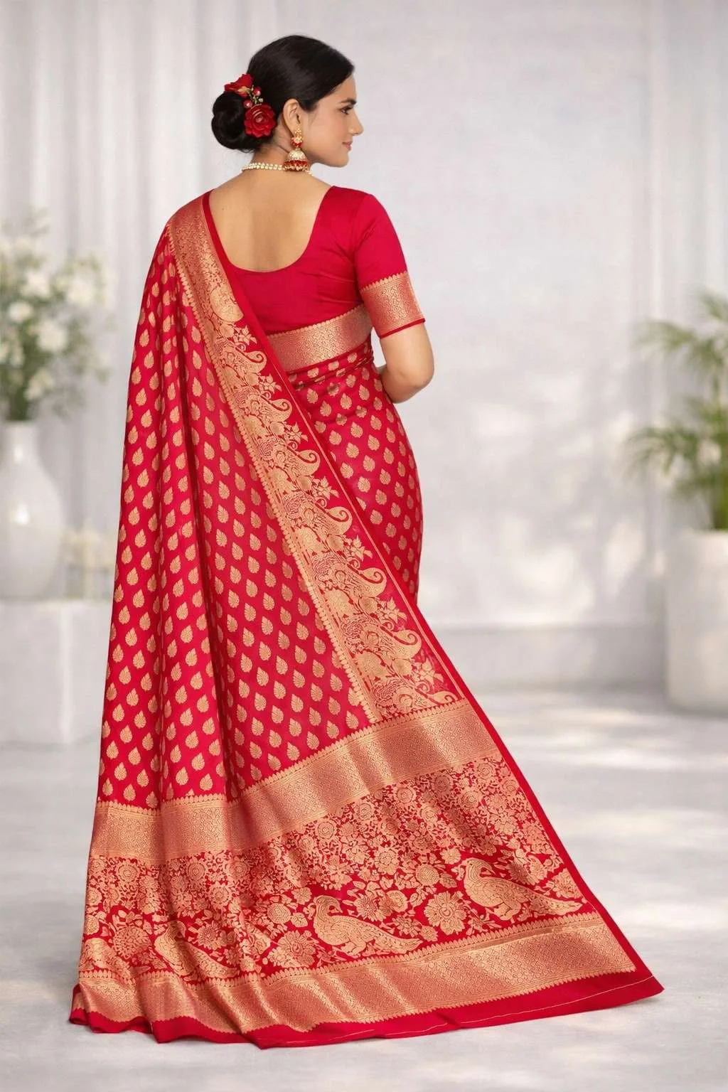 Red Art Silk Banarasi Saree view 2