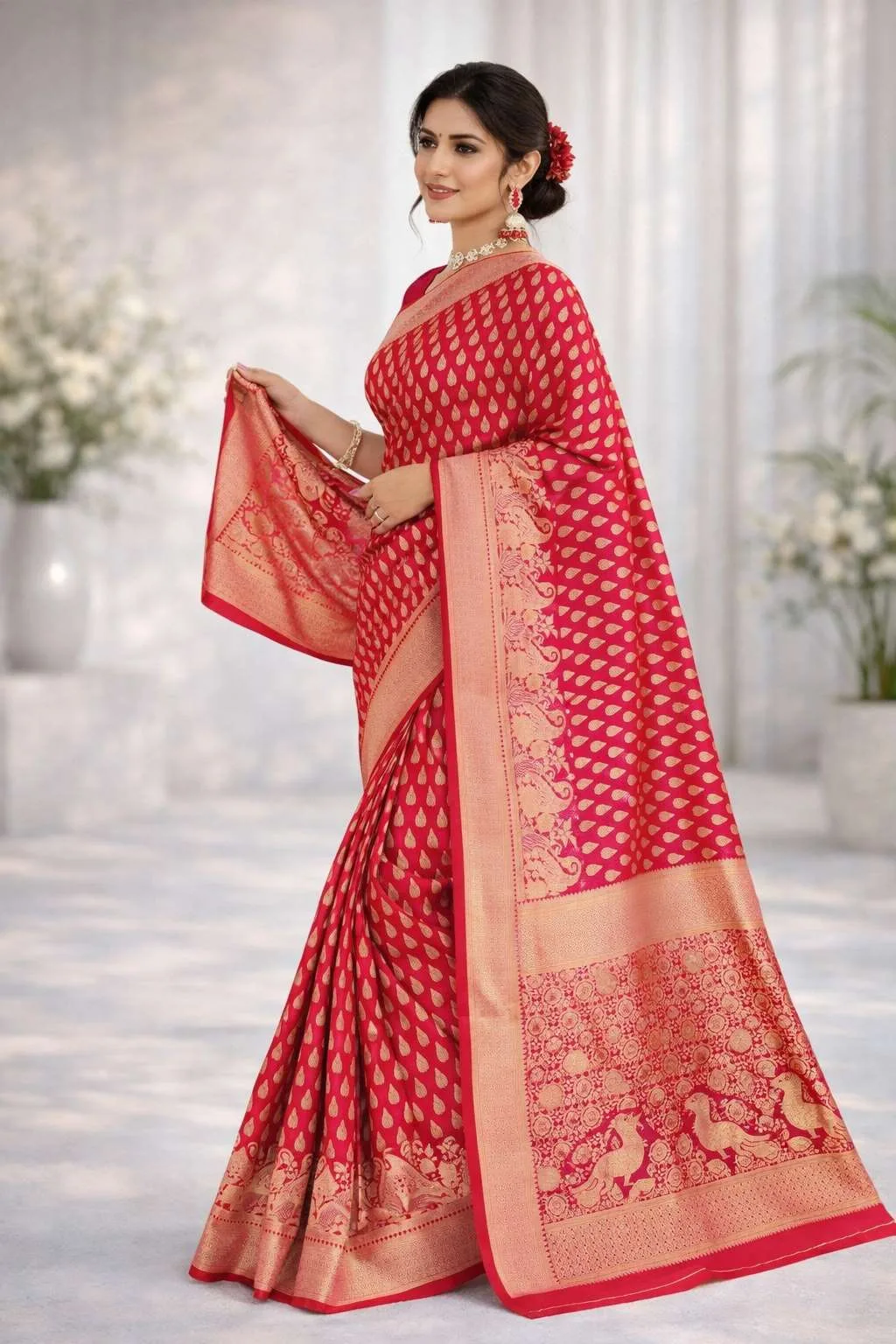 Red Art Silk Banarasi Saree view 4