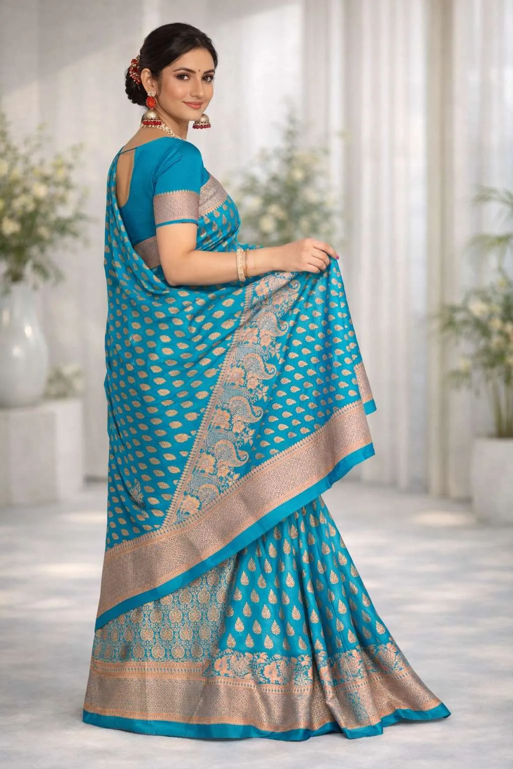 Aqua Blue Art Silk Banarasi Saree view 4