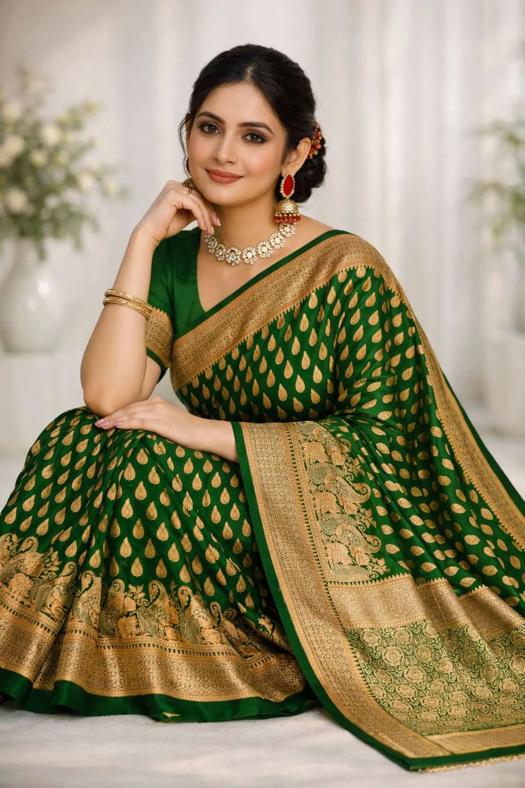 Green, Mehendi Art Silk Banarasi Saree view 3