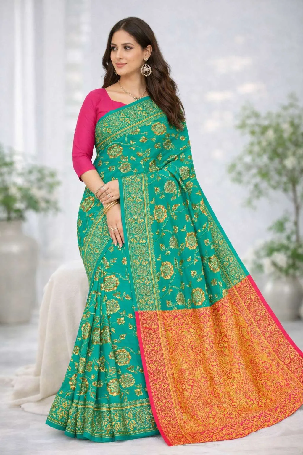 Green, Pink Banarasi Silk Banarasi Saree - Casual (Regular Sari) (Free Size)