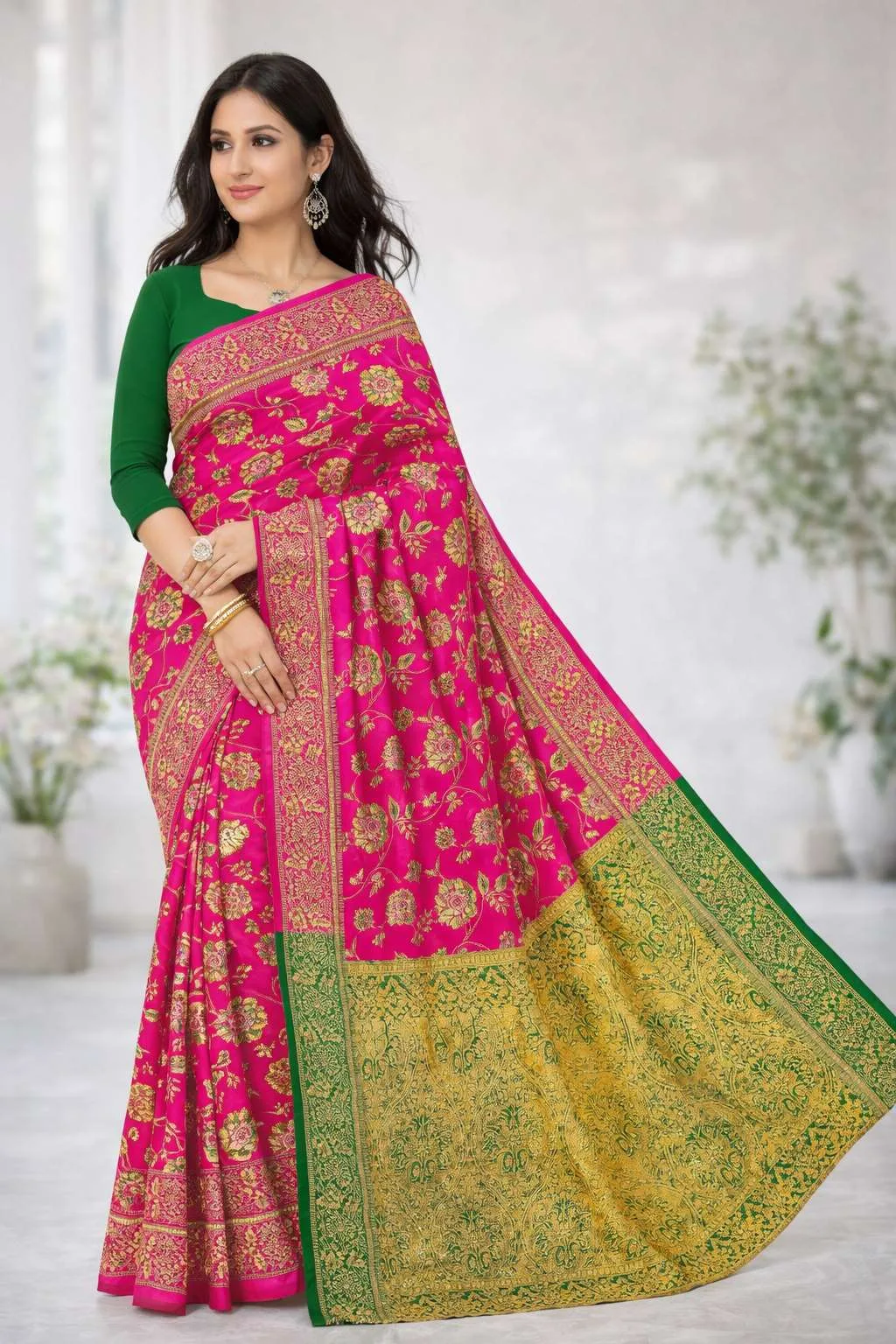 Green, Pink Banarasi Silk Banarasi Saree (Regular Sari)
