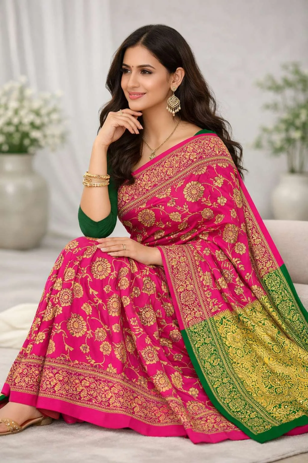 Green, Pink Banarasi Silk Banarasi Saree (Regular Sari) view 4
