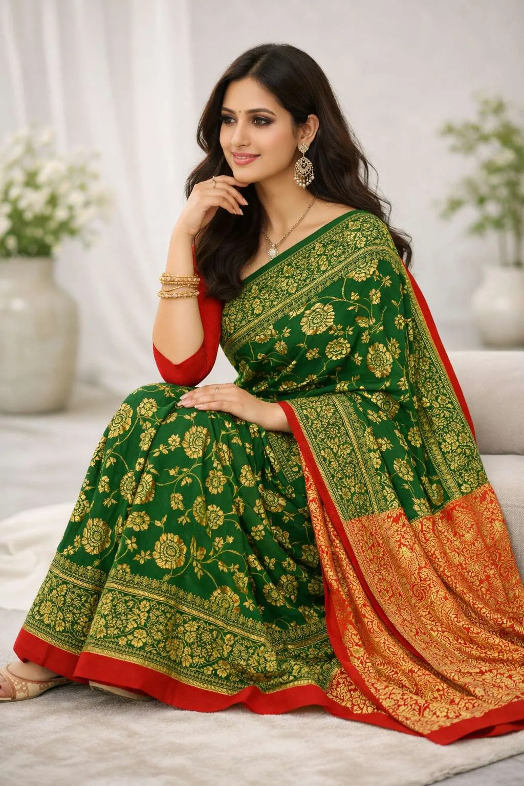 Green, Pink Banarasi Silk Banarasi Saree - Casual (Regular Sari) (Free Size) view 3