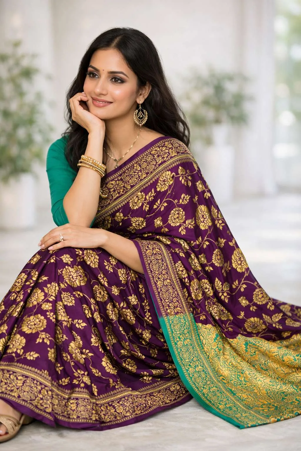Teal, Wine Banarasi Silk Banarasi Saree (Regular Sari) view 3