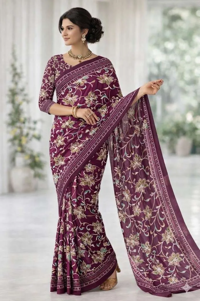 Wine, Burgundy Georgette Bandhani Saree (Regular Sari) view 3