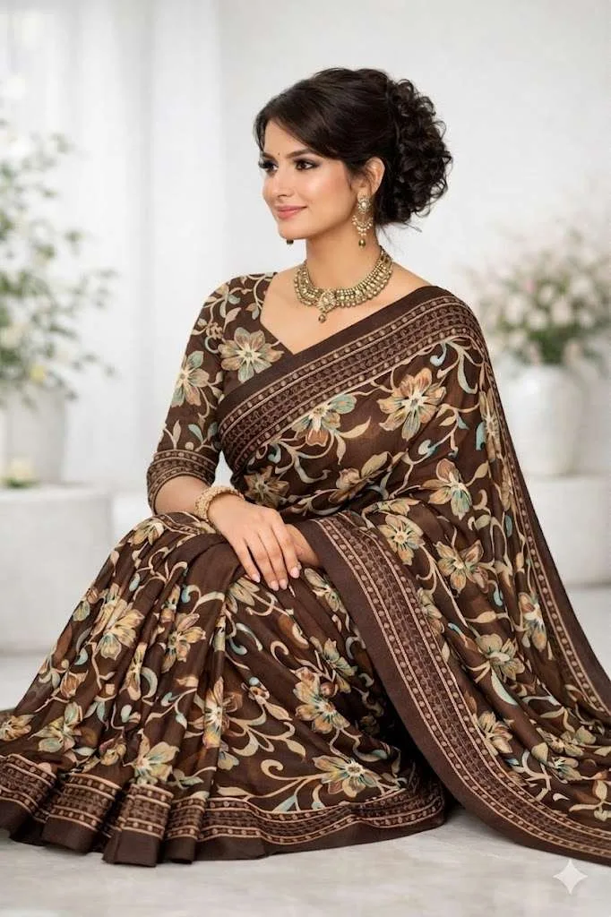 Brown Georgette Bandhani Saree (Regular Sari) view 3