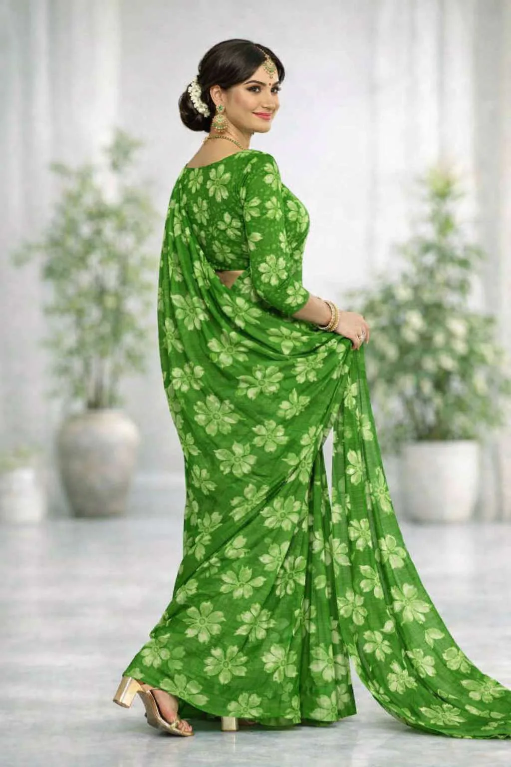 Light Green Georgette Bandhani Saree (Regular Sari) view 4