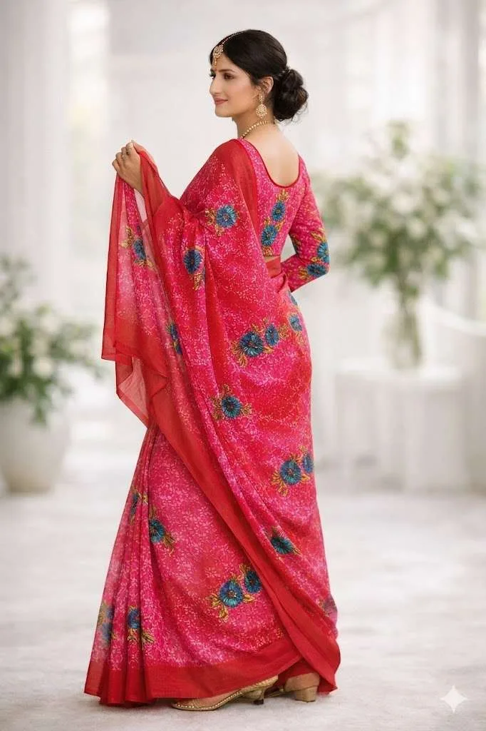 Dark Pink Georgette Bandhani Saree (Regular Sari) view 3