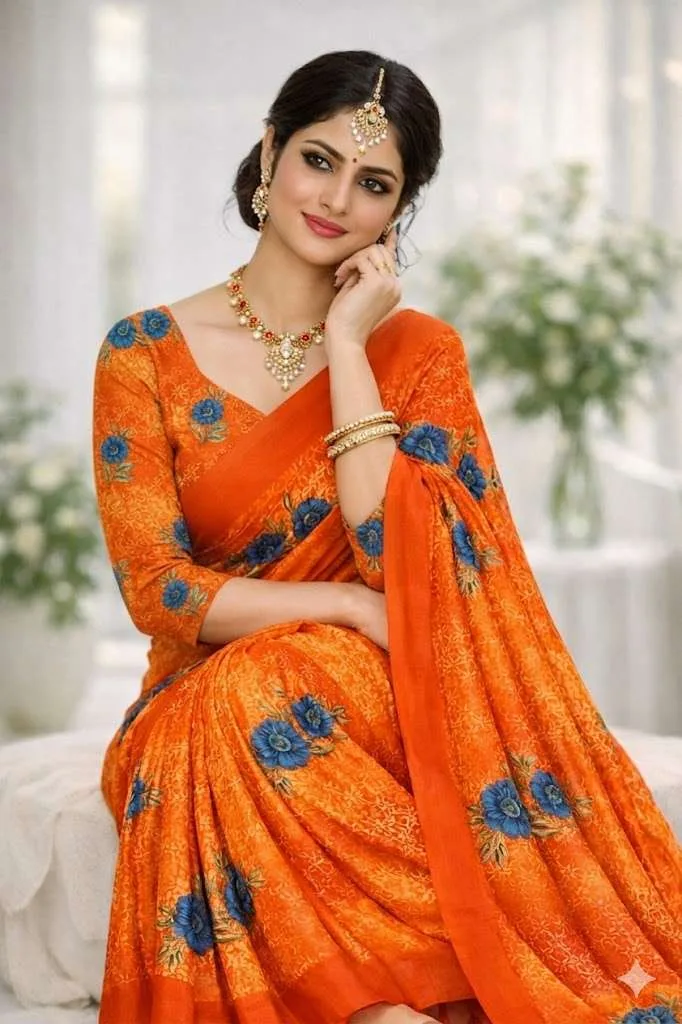 Orange Georgette Bandhani Saree (Regular Sari) view 3