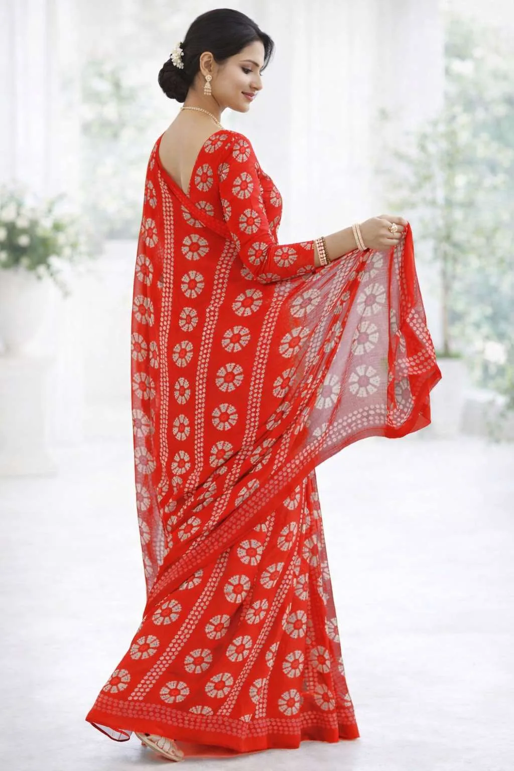 Red Georgette Bandhani Saree - Casual (Regular Sari) (Free Size) view 2