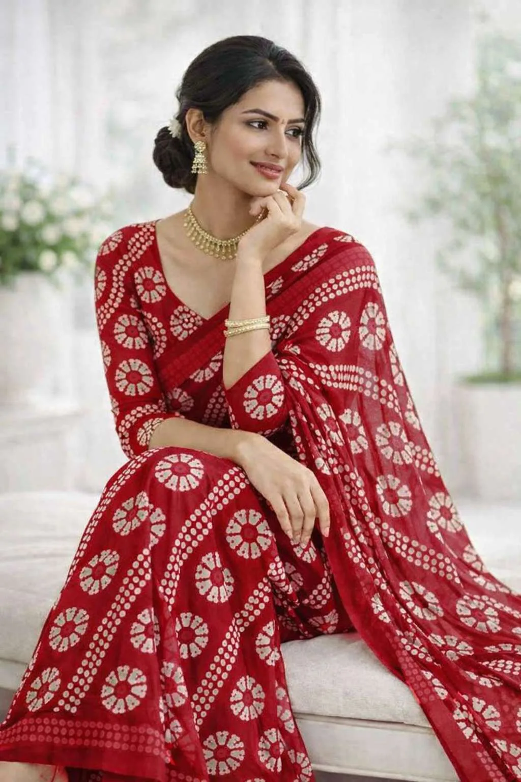 Maroon Georgette Bandhani Saree (Regular Sari) view 3