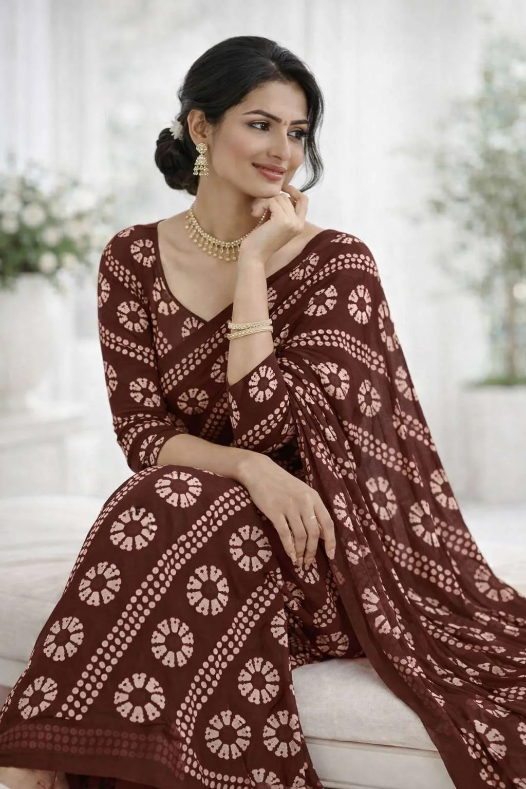 Brown Georgette Bandhani Saree (Regular Sari) view 4