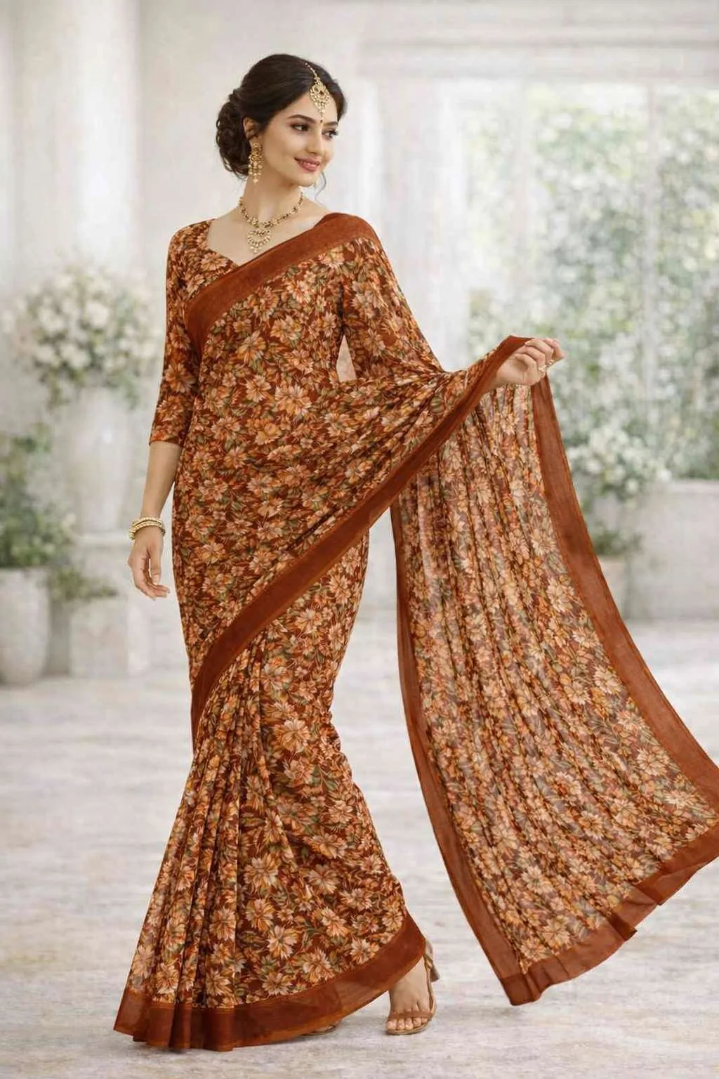 Rust Georgette Bandhani Saree (Regular Sari) view 2