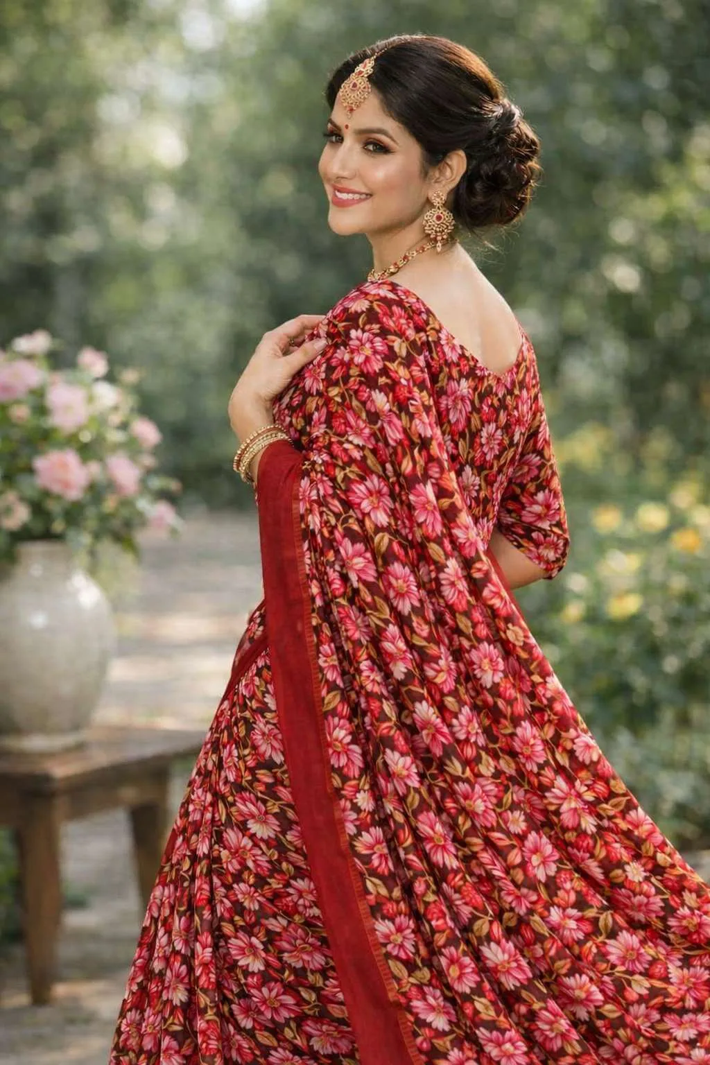 Red Georgette Bandhani Saree (Regular Sari) view 3