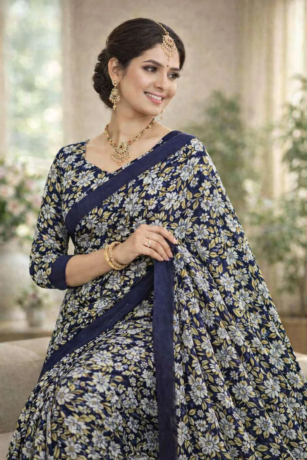 Navy Blue Georgette Bandhani Saree (Regular Sari)