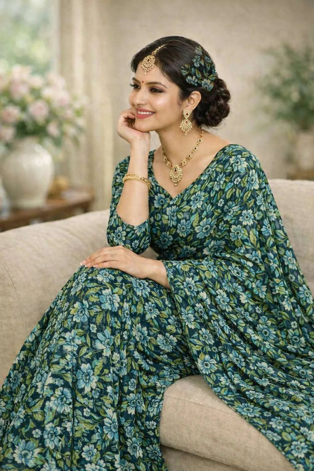 Teal Georgette Bandhani Saree (Regular Sari) view 3